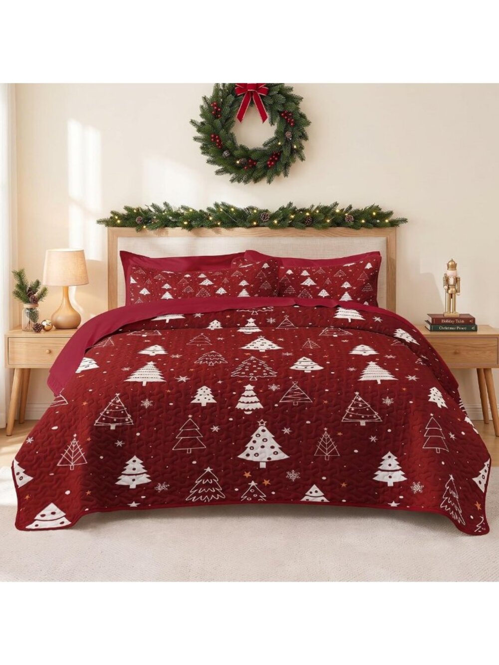 7-Piece King Christmas Quilt Set - Festive Red Tree Bedding & Bedspread